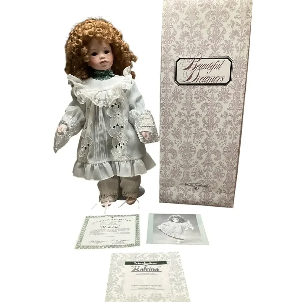 Vintage Katrina Porcelain Doll with Curly Hair in White Dress with Box